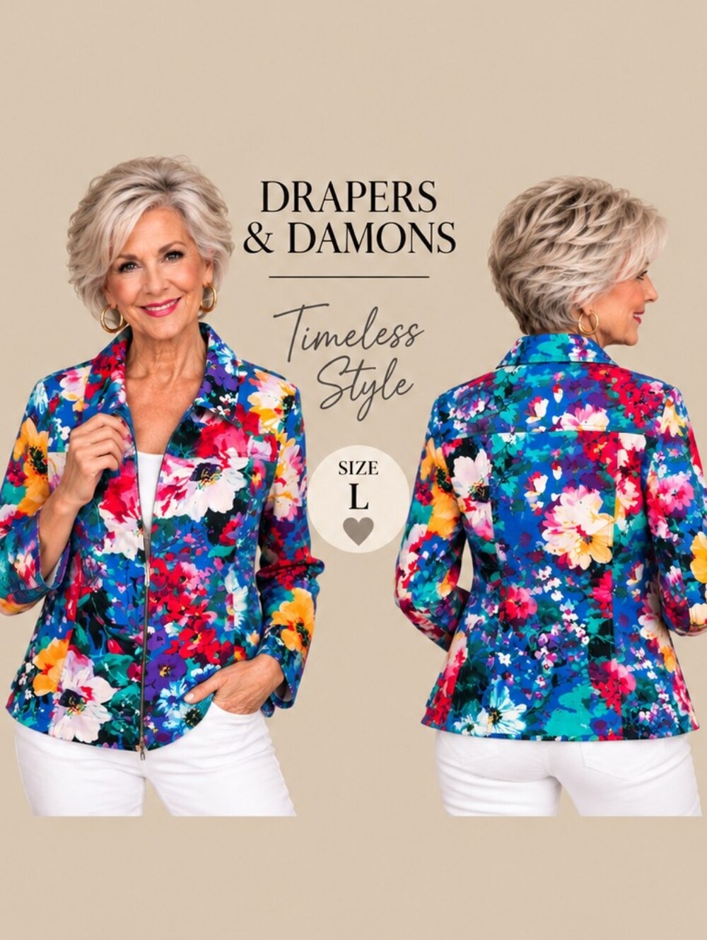 Draper's & Damon's Large Floral Print Zip Jacket Cotton Stretch Multicolor
